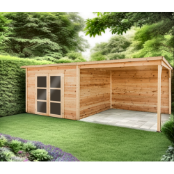 Abri Poolhouse avec terasse couverte madriers 28mm Bahia Habrita 20m2