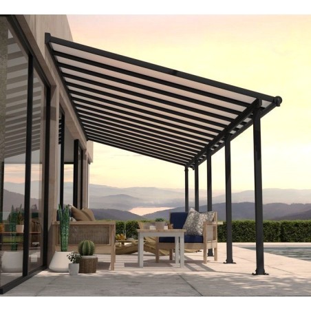 Olympia 3x9,15 m Wandpergola aus grauem Aluminium und Canopia Polycarbonat